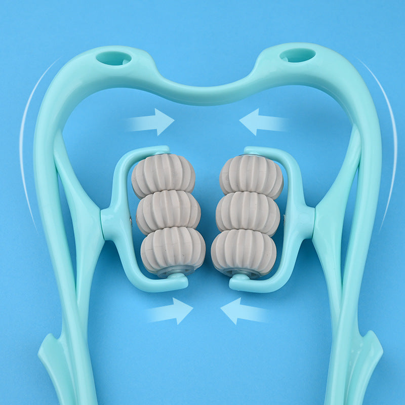 Turquoise handheld massager with beige rollers on a blue background