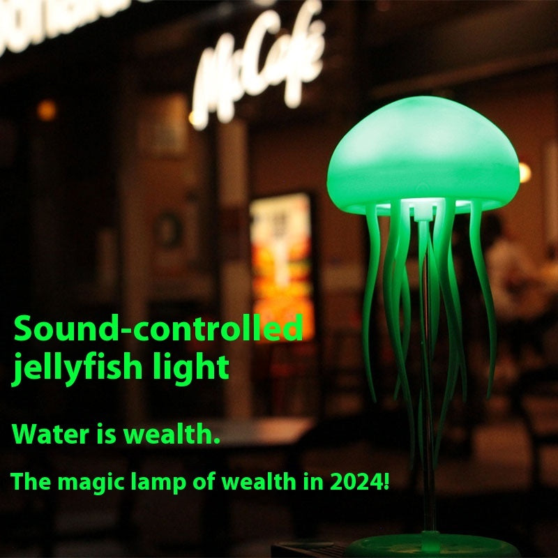 Sound-controlled jellyfish light with text in a blurred cafe setting