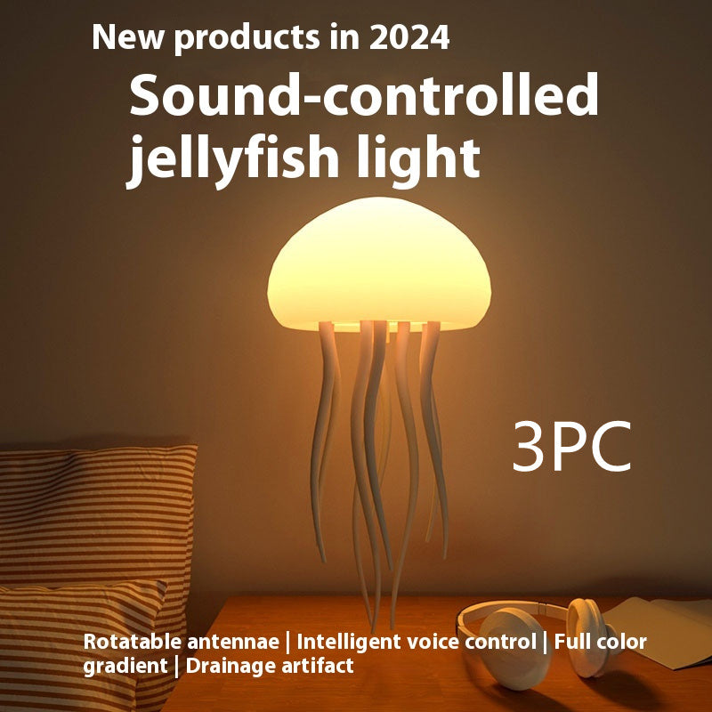 Sound-controlled jellyfish light with text on a warm-toned background