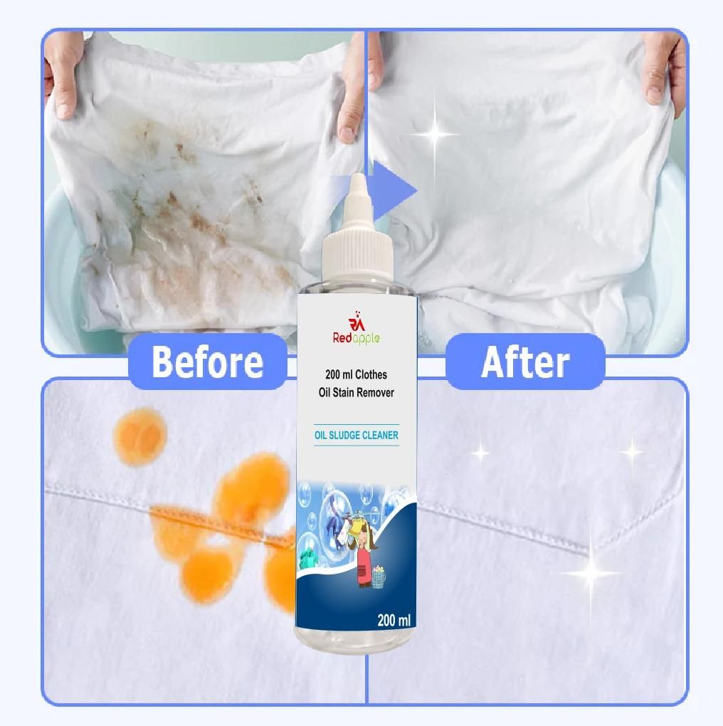 Oil stain remover before and after effect on a white shirt with a bottle of the product in the center.