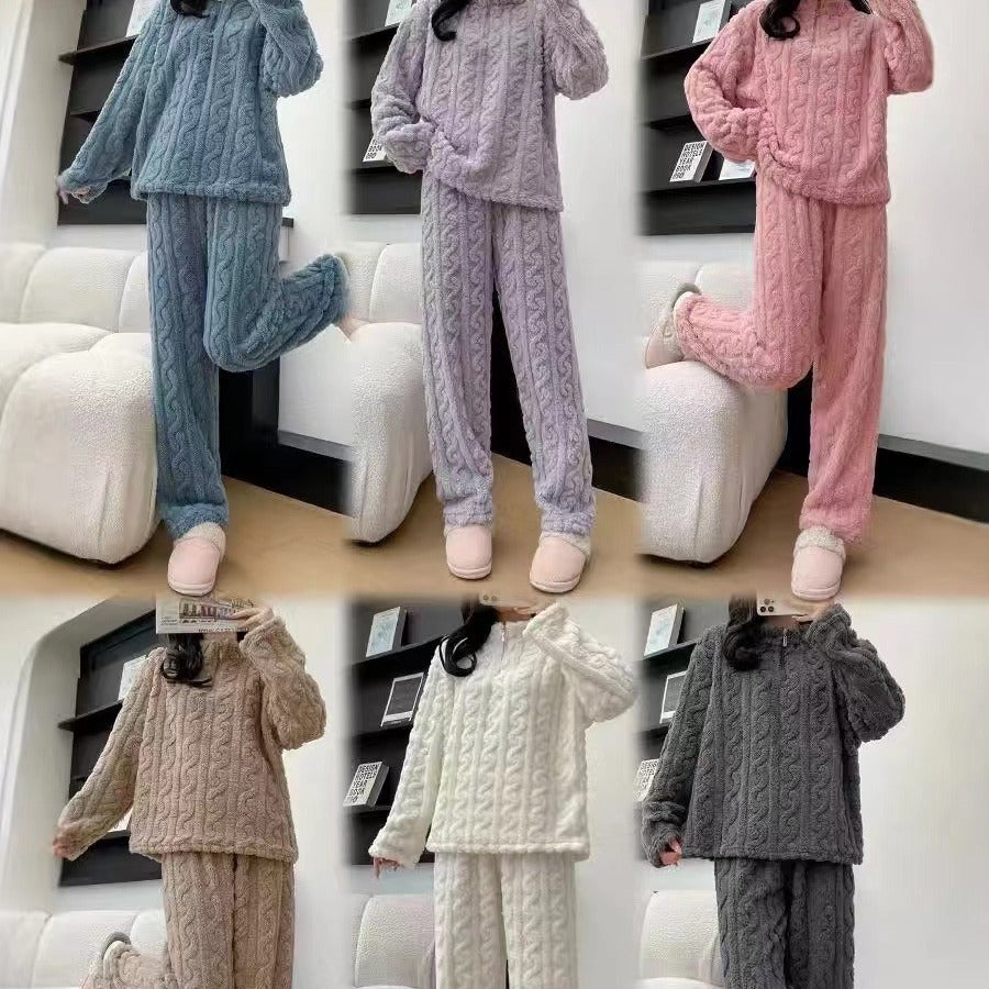 Collage of children's cable knit pajama sets in various colors on a white couch.