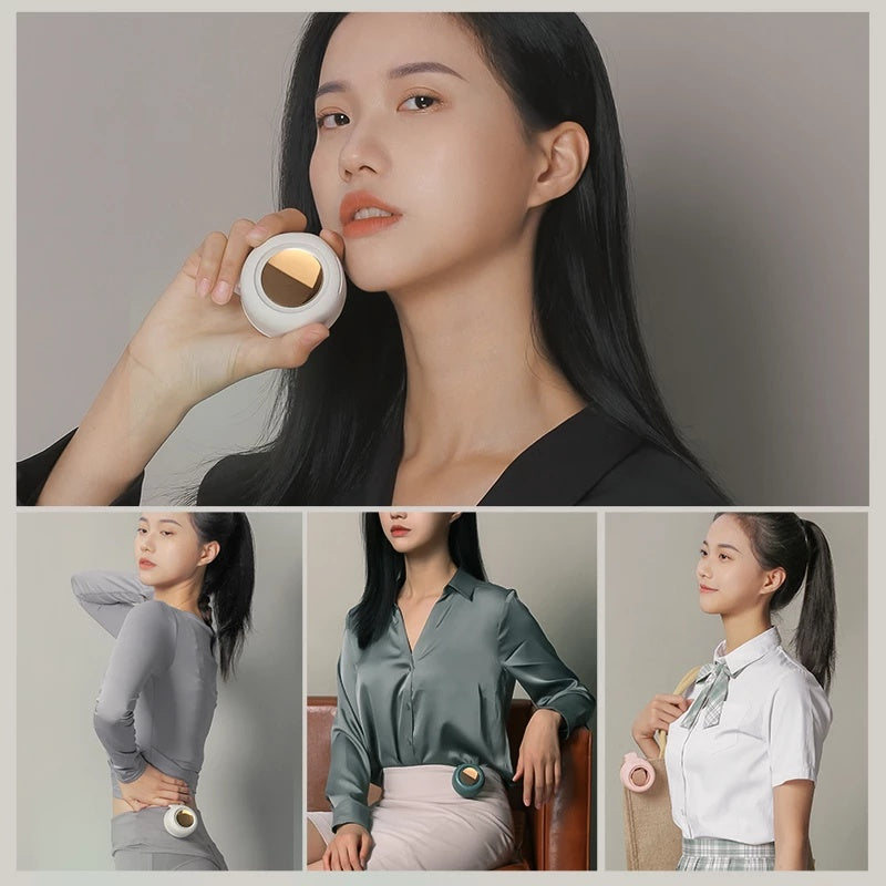 Woman holding a compact mirror with four lifestyle shots of her wearing different outfits.