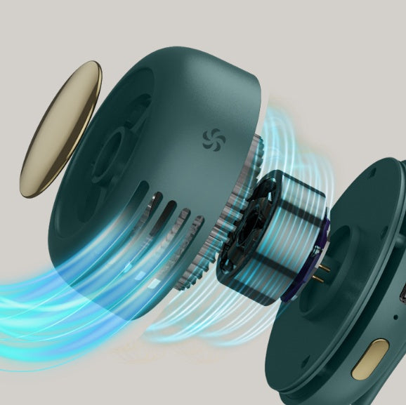 Close-up of a teal electronic device with blue energy lines on a light gray background