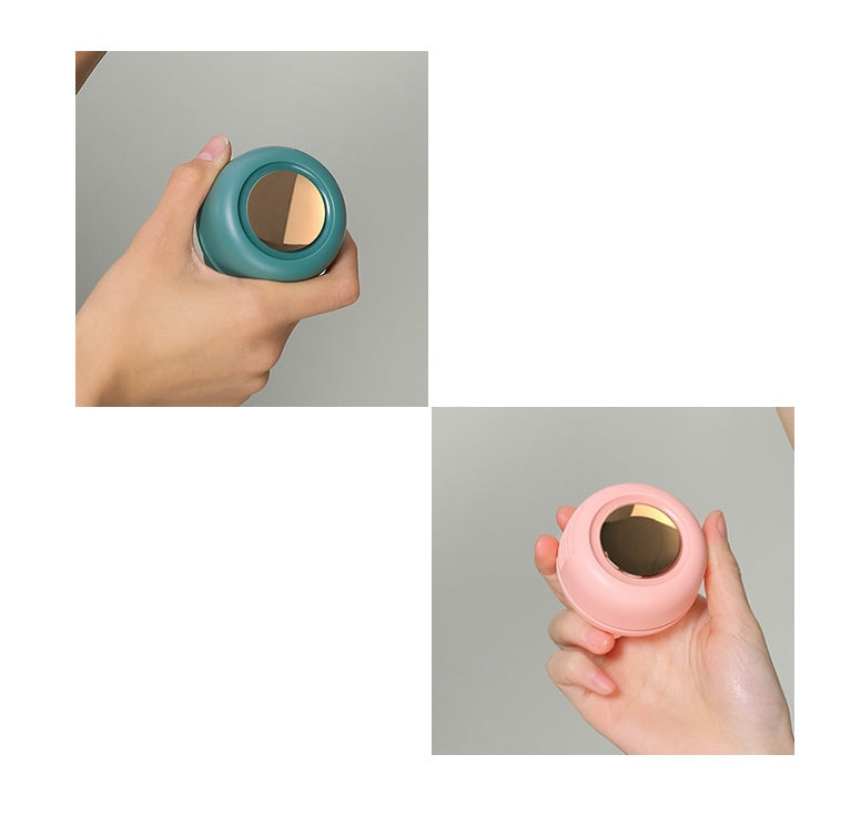 Two images showing a teal and a pink circular object held in hands against a gray background.