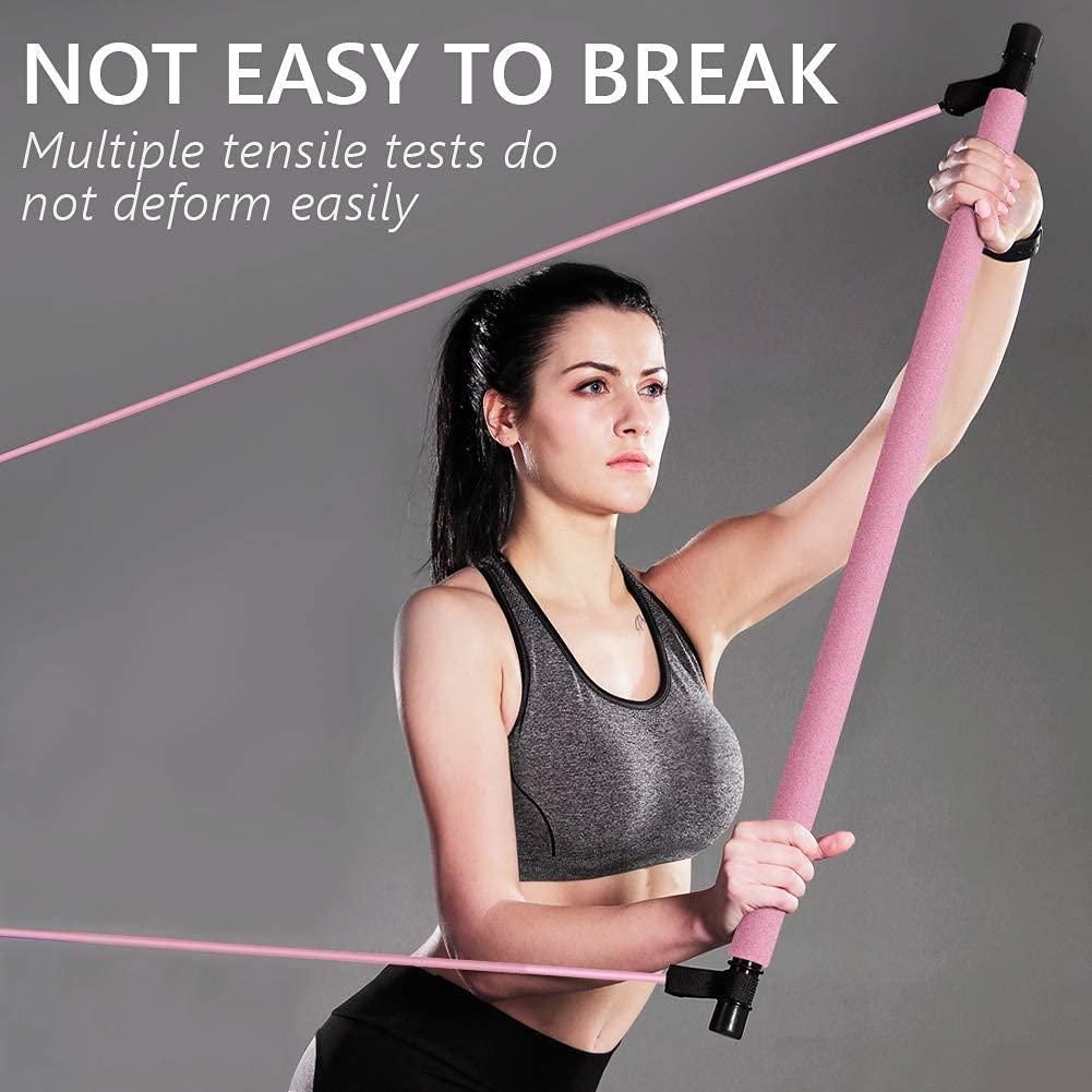 Woman holding a pink resistance band with text about its durability