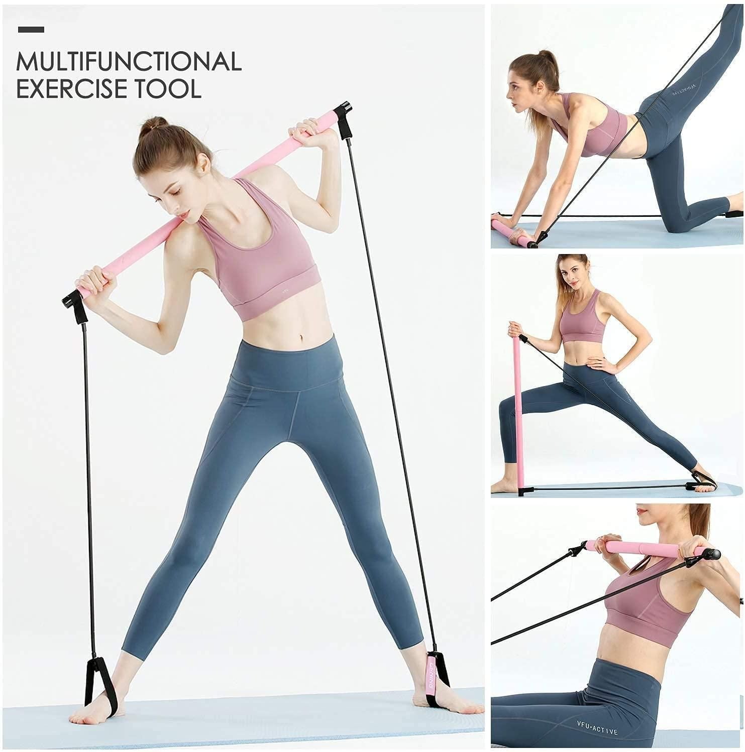 Woman using a multifunctional exercise tool with various poses on a white background