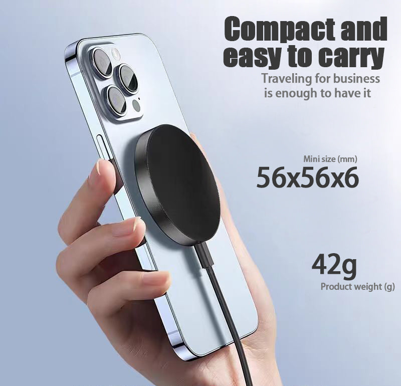 Hand holding a smartphone with a magnetic charging dock, text about compactness and ease of carrying.