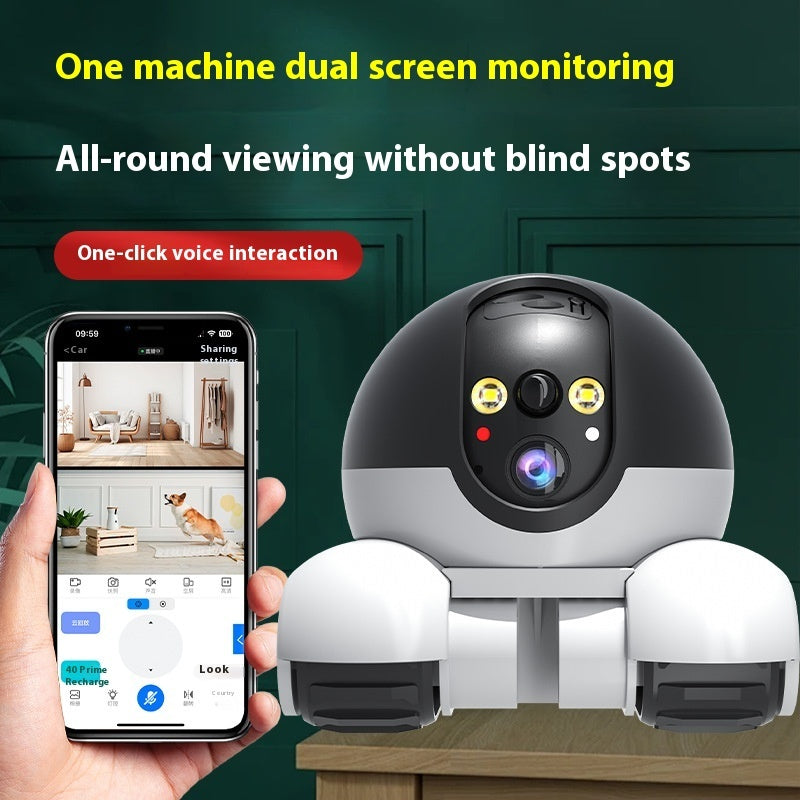 Smart home security camera with smartphone app on a green background