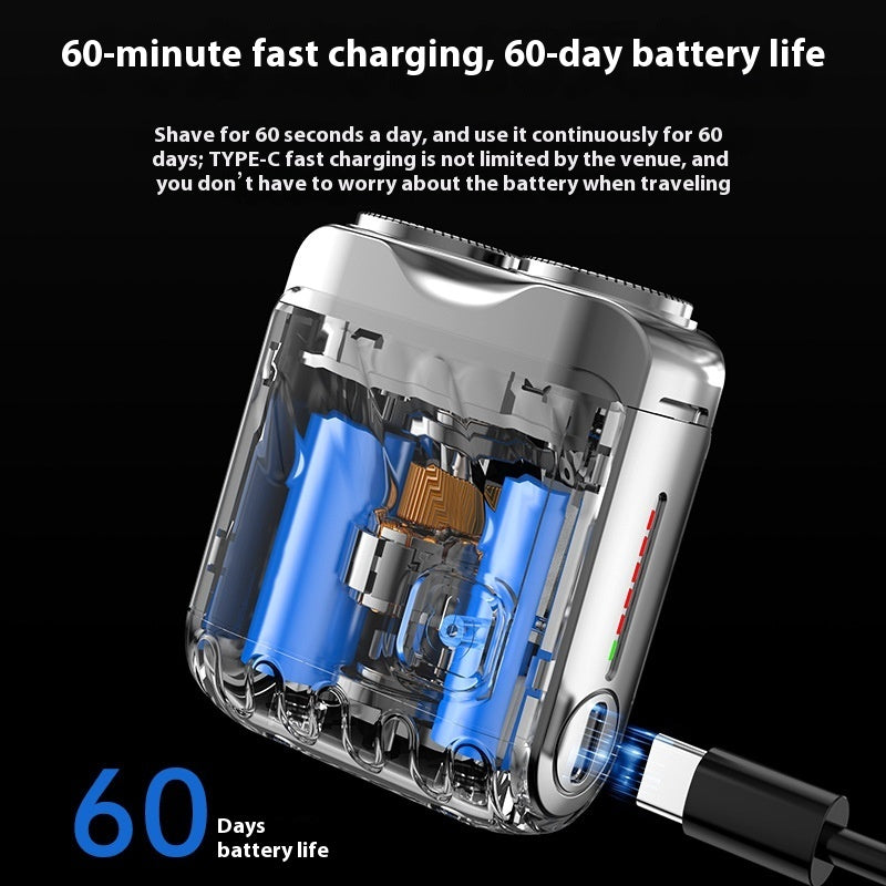 Clear electronic device with blue components and charging cable, featuring text about fast charging and battery life.