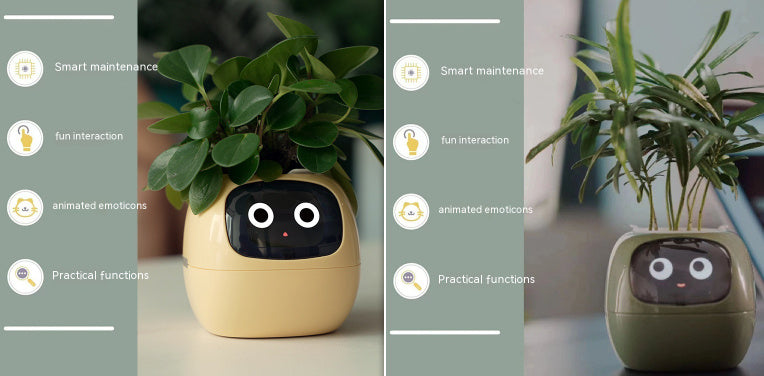 Smart plant pot with a face on a table, showing different angles.