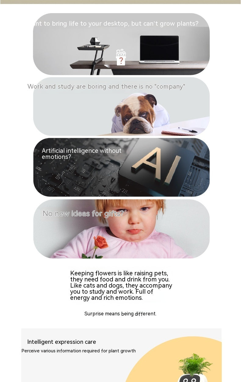 Collage of images with text about artificial intelligence and plants, featuring a bulldog, AI symbol, and child with a flower.