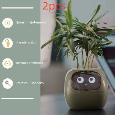 Smart plant pot with face design on a blurred background