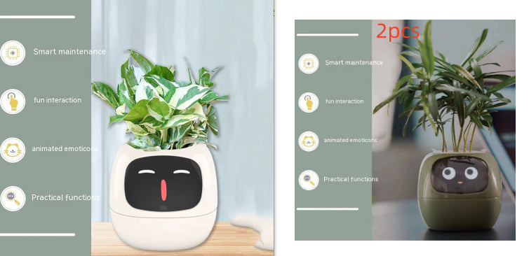 White and green plant pot with face design on a wooden surface, next to app interface showing plant care features.