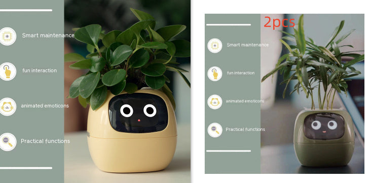 Smart plant pot with a face on a table, showing features and design.