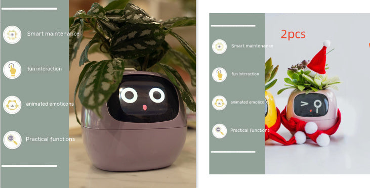 Smart plant pot with a face and animated emojis on a wooden surface.