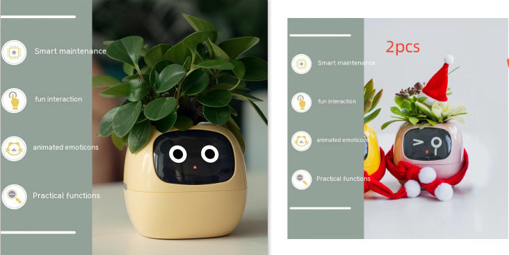 Smart plant pot with face and animated emotions, shown with a plant and in a Santa hat on a light gray background.
