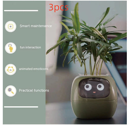 Smart plant pot with face design on a gray background