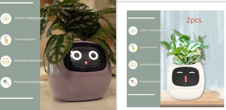 Smart plant pot with robot face design on a table, featuring animated emotions and practical functions.
