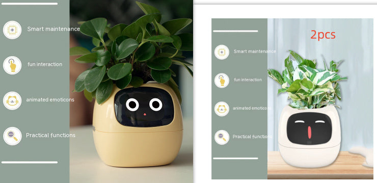 Smart plant pot with a face on a table next to a smartphone displaying app interface.