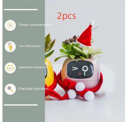 Decorative robot with animated emoticons and smart maintenance features on a white background.