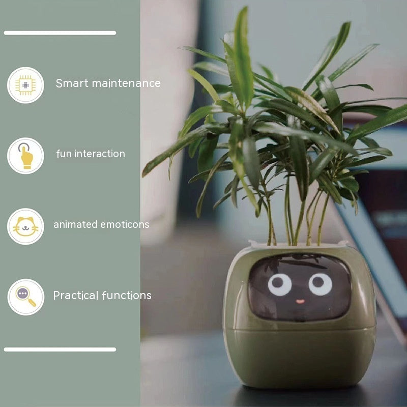 Smart plant pot with face design on a table, featuring text about its functions.