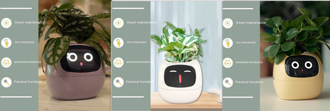 Smart plant pot with a face on a wooden surface, surrounded by greenery.
