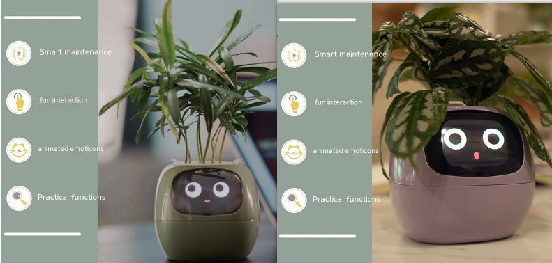 Smart plant pot with a face on a table