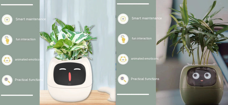 Smart plant pot with face design on a wooden surface, surrounded by plants.