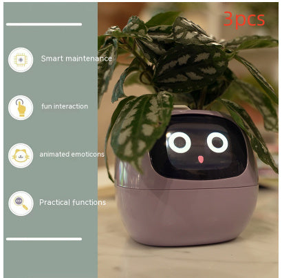 Smart device with a plant on a table, featuring text and icons about its features.