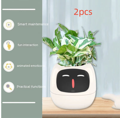 Smart plant pot with face design on a wooden surface, featuring icons and text about its features.