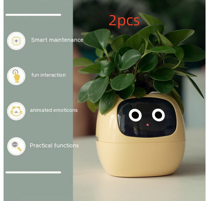 Smart plant pot with face and features on a table, next to text about its functions.