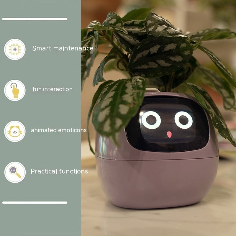 Smart device with facial features in a plant pot on a wooden surface, with text labels on the left.