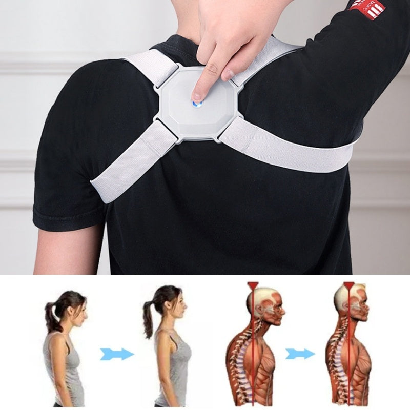 Person wearing a white back brace with anatomical illustrations showing correct posture.