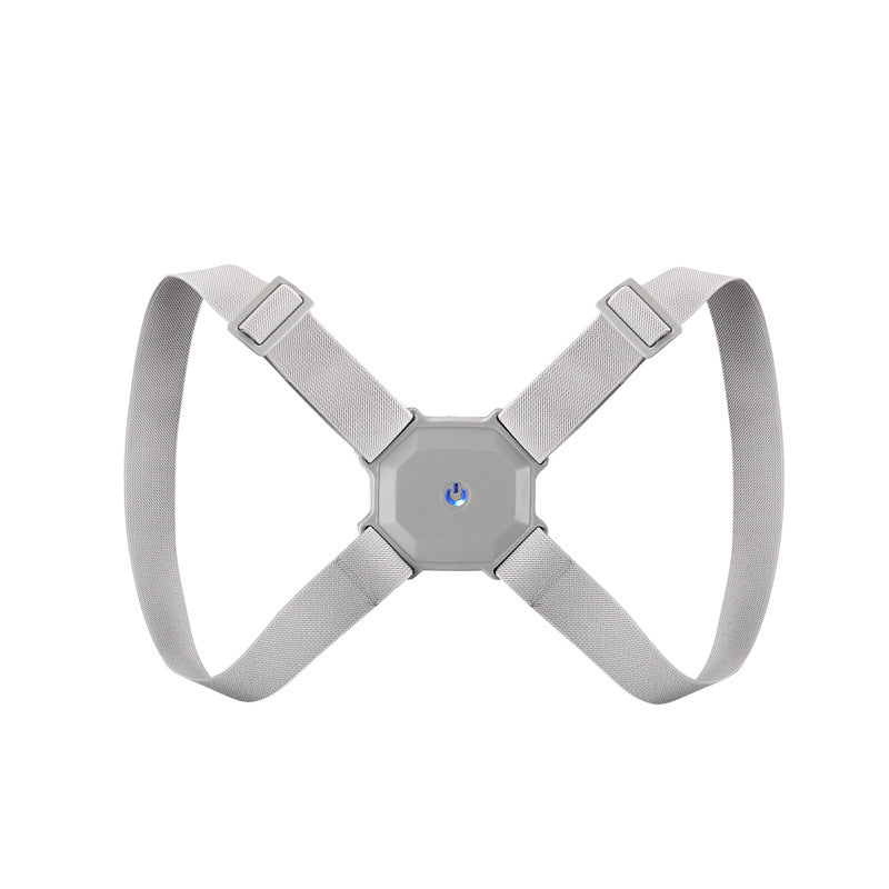 Gray shoulder harness with a central device on a white background