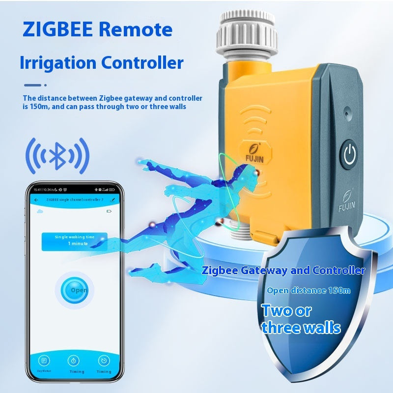 Zigbee remote irrigation controller with smartphone app on a light blue background