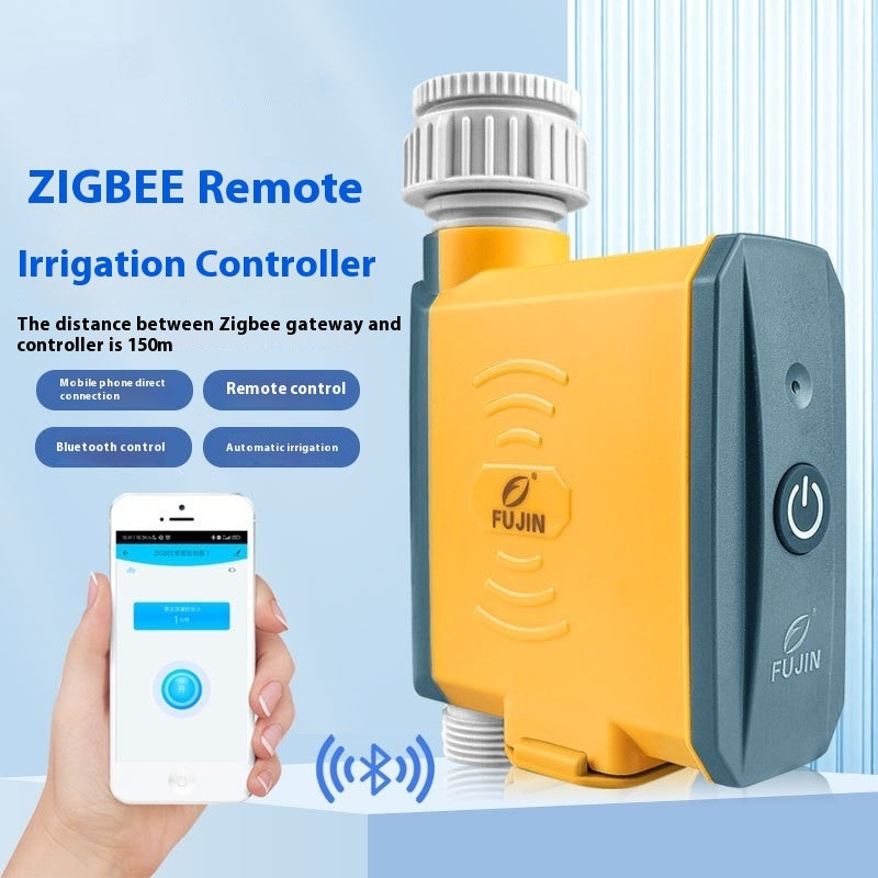 Zigbee remote irrigation controller with smartphone app on a light blue background