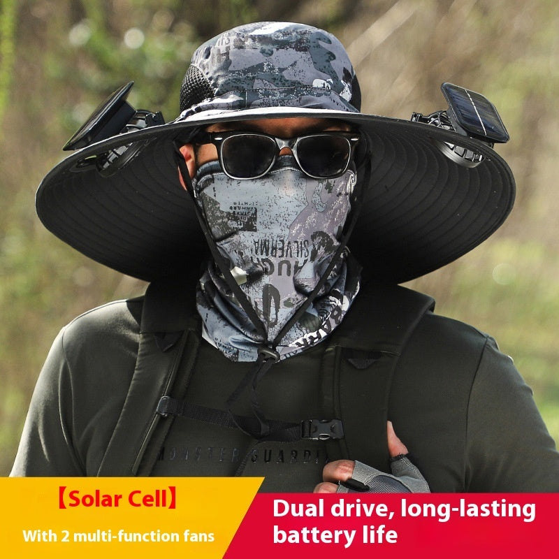 Person wearing a wide-brimmed hat, sunglasses, and a patterned face mask with text about solar cell and battery life.