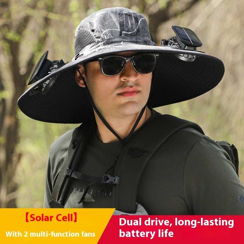 Person wearing a large sun hat with solar cell and fans, standing outdoors.