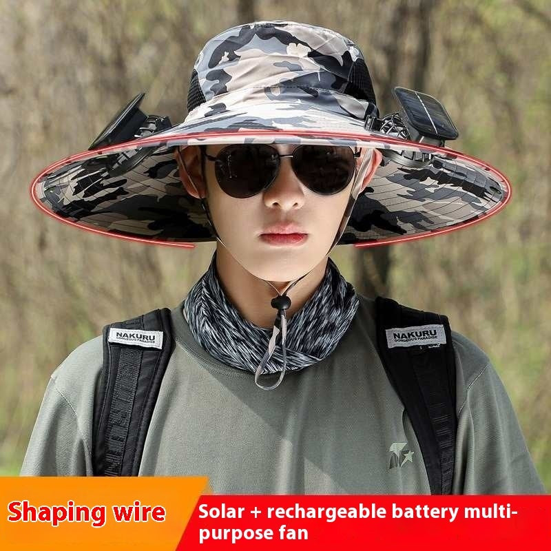 Person wearing a camouflage sun hat with solar and rechargeable battery multi-purpose fan, sunglasses, and a backpack.