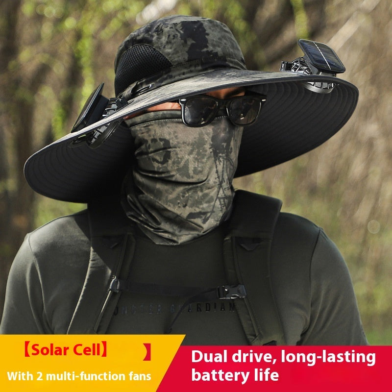 Person wearing a wide-brimmed hat, sunglasses, and a camouflage face mask with text about solar cell and battery life.