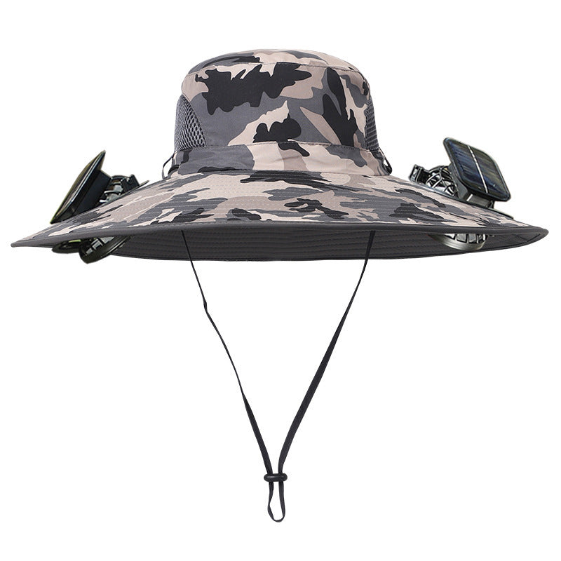 Camouflage bucket hat with wide brim on a white background