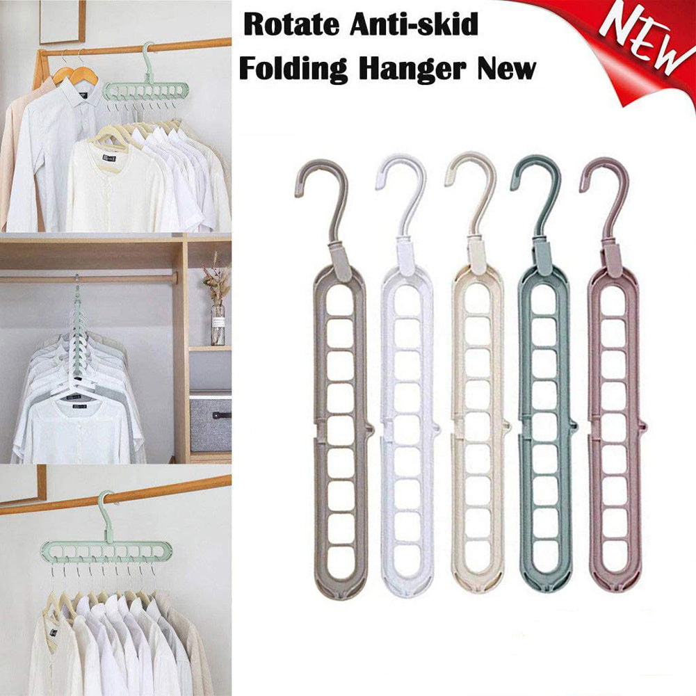 Anti-skid folding hangers with various colors on a white background, shown with clothes on a rack.