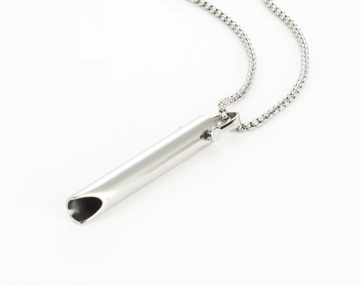 Silver necklace with two cylindrical pendants with a white bg