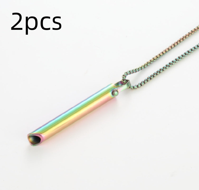Multicolored cylindrical pendant on a chain with '2pcs' text above on a white background