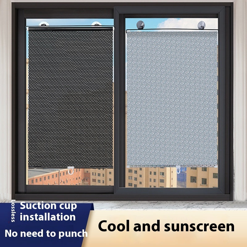 Window with two different window films showing suction cup installation and text about cooling and sun protection.