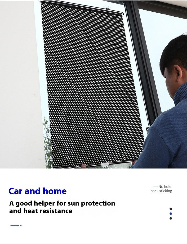 Person installing a sunshade on a window with text about sun protection and heat resistance.