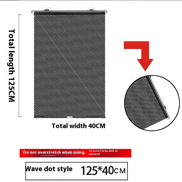 Measurement chart of a black mesh screen with dimensions and usage instructions on a white background.