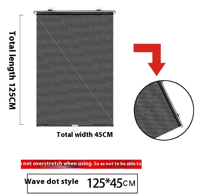 Measurement chart of a black mesh screen with dimensions and wave dot style details.