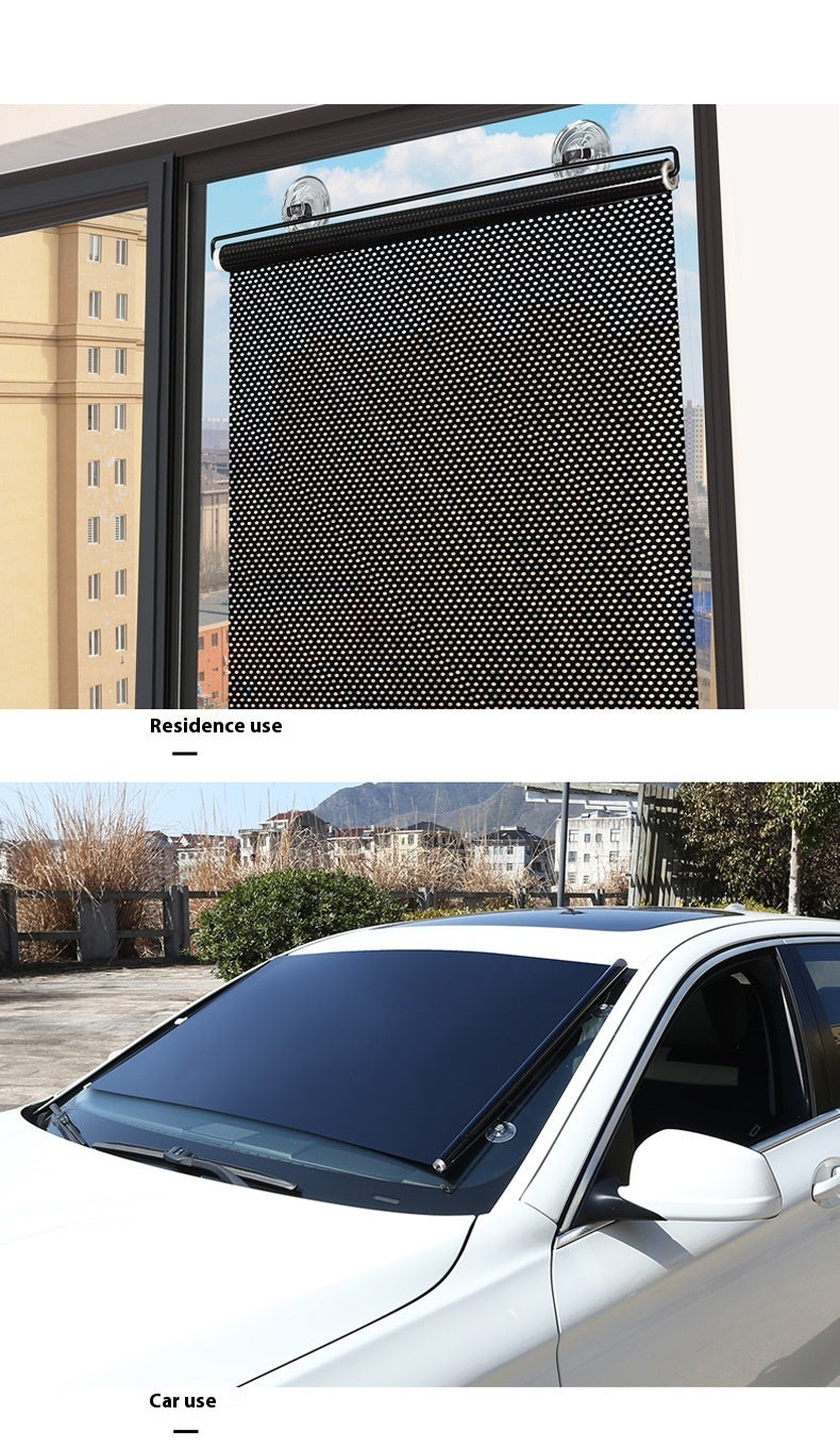 Solar window shade with residential and car usage examples.