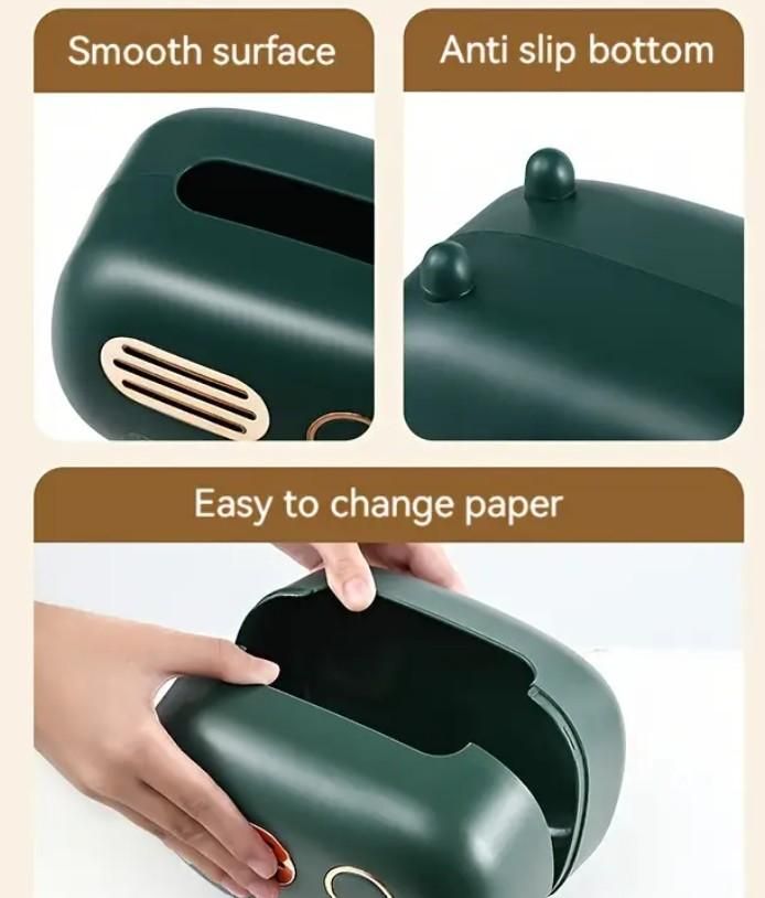 Green paper towel holder with features highlighted on a beige background